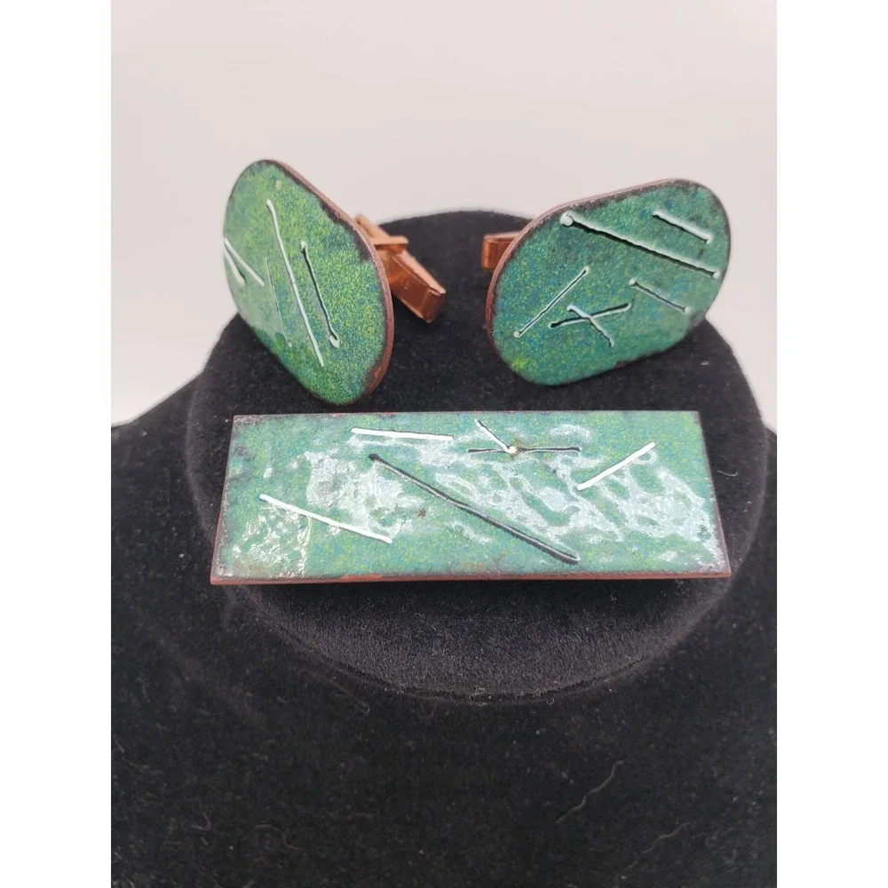 Vtg MCM Copper Green Enamel Men Cuff Links Tie Clip Modern Art